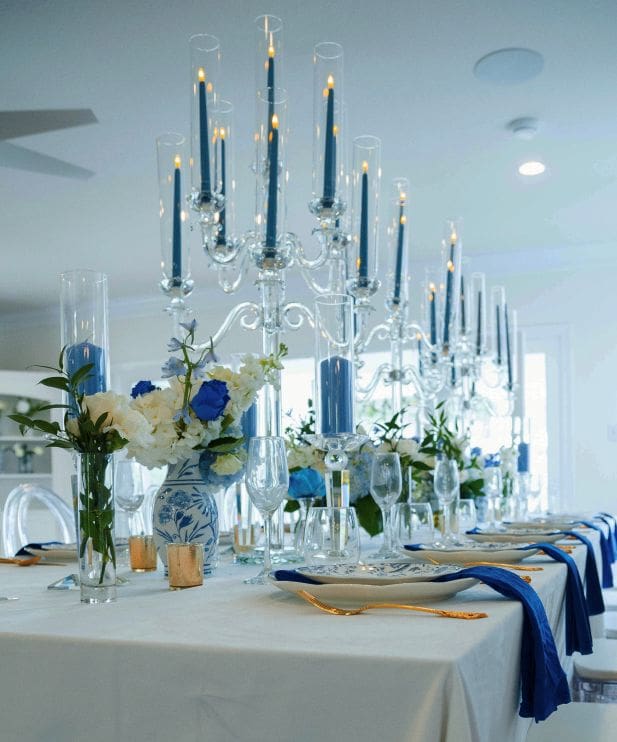 Elegant table setting with blue candles.